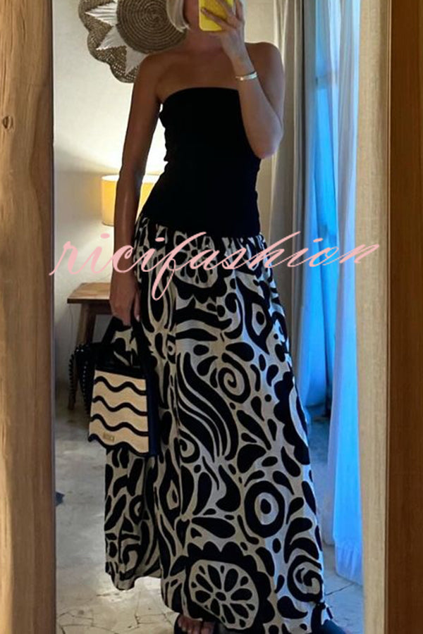 Gina Contrast Color Unique Print Strapless Stretch Maxi Dress