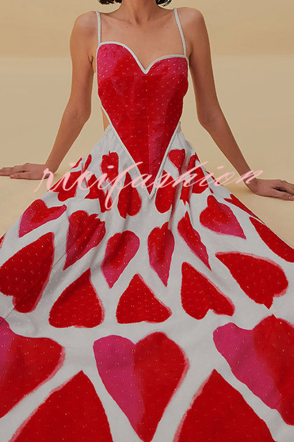 Full of Love Heart Shape Print Cutout Spaghetti Strap Backless Maxi Dress