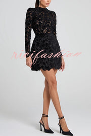 Lydia Embroidered Floral Lace Long Sleeve Belt Tulip Shaped Mini Dress