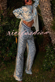 Stylized Dragon Satin Unique Print Long Sleeve Loose Shirt and Elastic Waist Pants Set