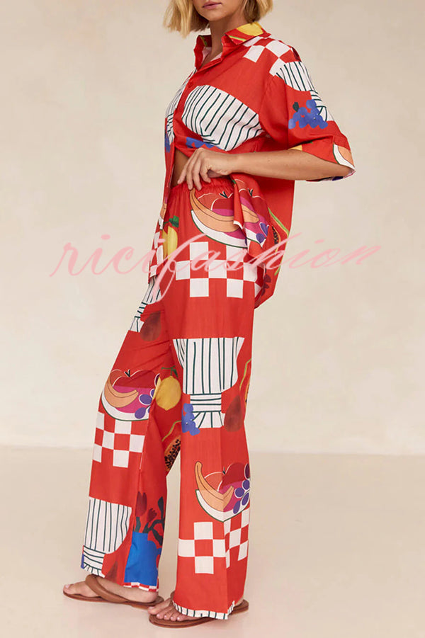 Unique Printed Casual Shirt and Elastic Waist Pants Set