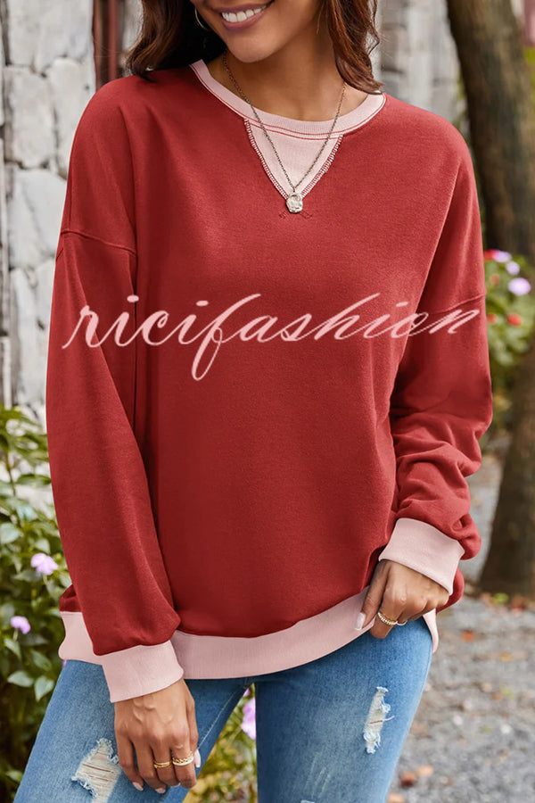 Fashionable Contrasting Color Loose Long-sleeved Casual Sweatshirt