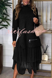 Taylor Knit Turtleneck Zip-up Top and Elastic Waist Tulle Loose Midi Skirt Set