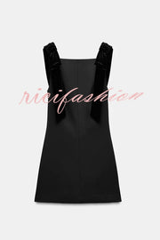 Miss Hepburn Velvet Bow Straps Straight Neckline Loose Mini Dress