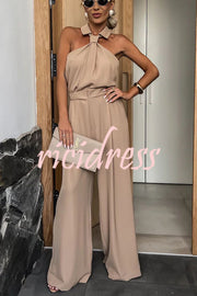 Fashionable Unique Look Halter Shirt Collar Pocketed Wide Leg Jumpsuit