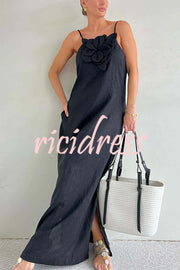 Vacay Ready Linen Blend Floral Embellishment Pocketed Slit Maxi Dress