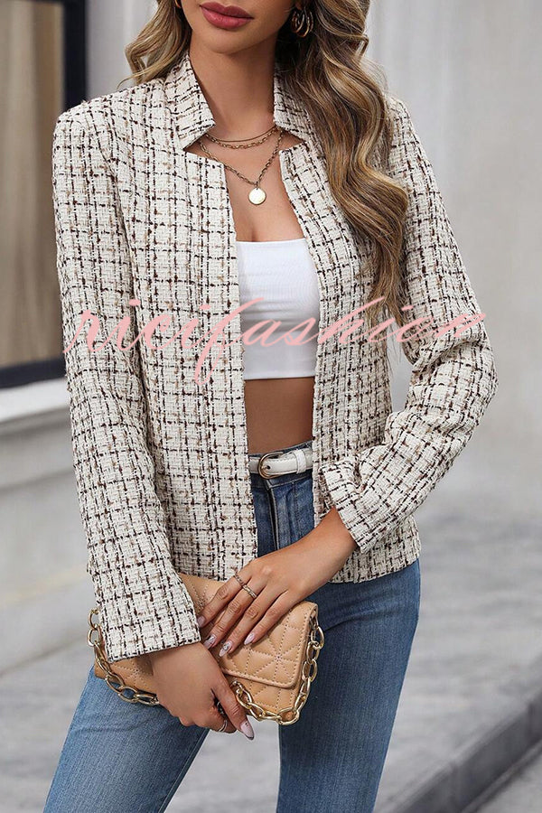 Ask You Out Tweed Plaid Long Sleeve Open Front Blazer