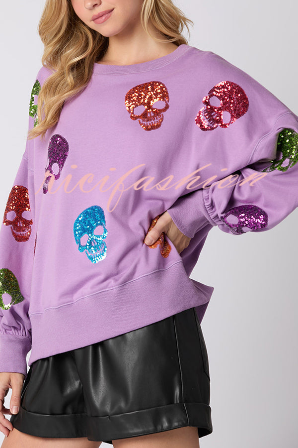 Halloween Skull Sequin Loose Casual Sweatshirt