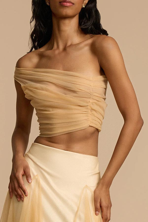 Romance Factor Semi-sheer Tulle One Shoulder Ruched Crop Top