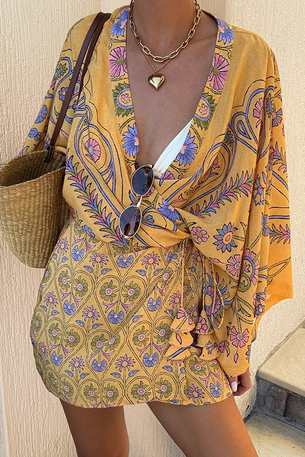 Mumbai's Flower Unique Print Batwing Sleeve Wrap Tie-up Boho Mini Dress