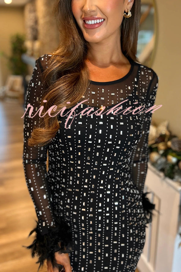 Sexy Long Sleeve Round Neck Feather Edge Rhinestone Decoration Slim Fit Maxi Dress