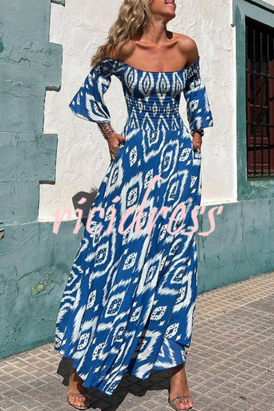 Close To The Vacation Ethnic Print Smocked Off Shoulder Pocketed Maxi Dress