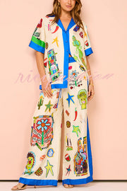 Vibrant Beach Satin Unique Print Colorblock Trim Elastic Waist Pocketed Wide Leg Pants