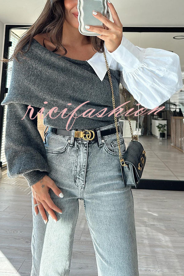 Stylish Patchwork Contrasting Long-sleeved V-neck Casual Sweater