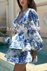 Feminine and Sexy Floral Print Deep V-neck Balloon Sleeve Tiered Mini Dress