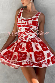 Holiday Colors Ric Rac Trims Unique Print Cutout Round Neck Mini Dress