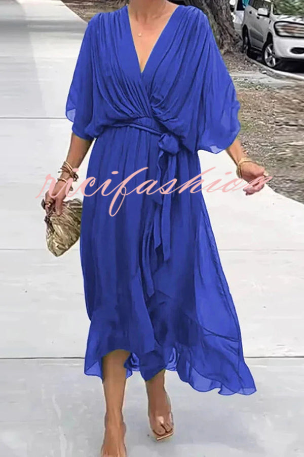 Solid Color V-neck Bat Sleeve Lace-up Irregular Hem Midi Dress