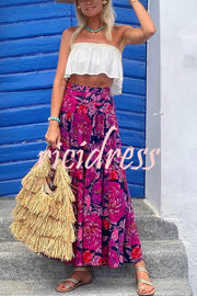 Floral Fantasy Printed High Rise  Back Elastic Waist Maxi Skirt