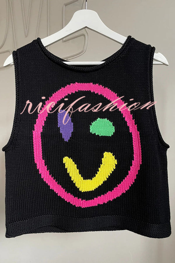 Always Happy Face Knit Unique Pattern Versatile Loose Tank Top