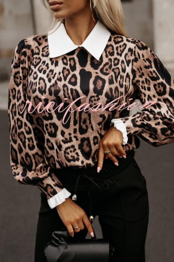 Leopard Print Lapel Long Sleeve Casual Shirt