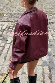 Y2K Burgundy Faux Leather Pocketed Zipper Loose Jacket