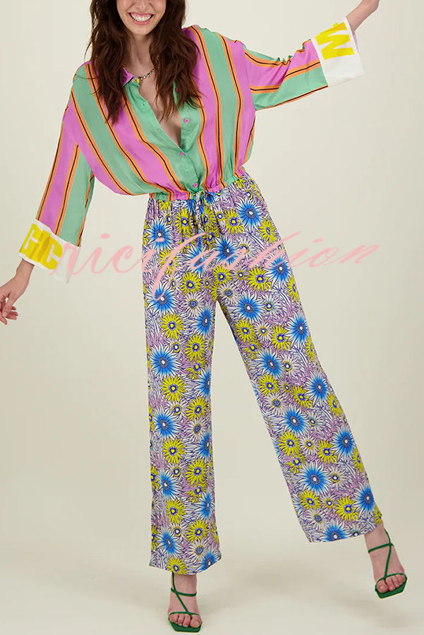 Boho Chic Look Unique Print Elastic Waist Pocketed Loose Shirt Jumpsuit