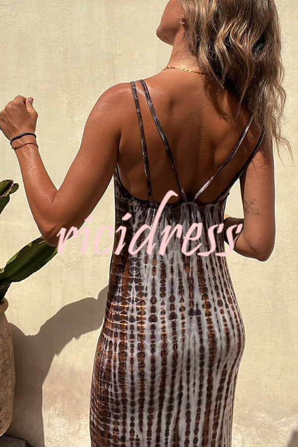 An Inspiration Tie-dye Print Double Shoulder Strap Stretch Maxi Dress