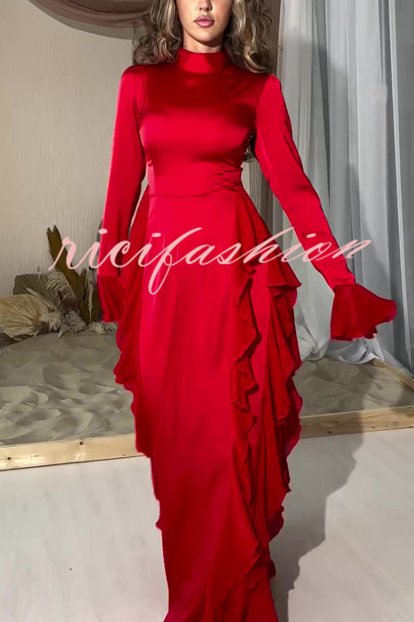 Cline Solid Color High Neck Long Sleeve Elegant Ruffles Maxi Dress