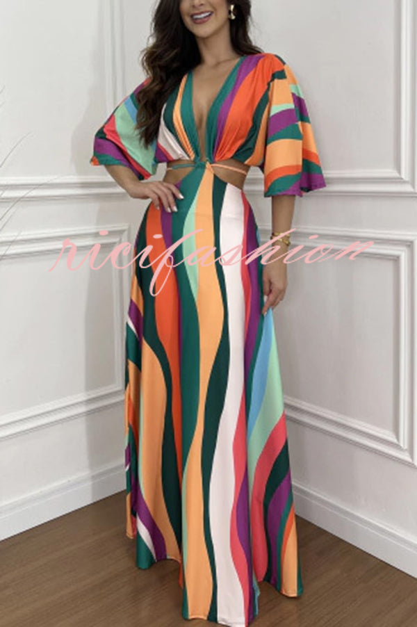 Wilma Unique Print Cutout Elastic Waist Tie-up Kimono Sleeve Maxi Dress