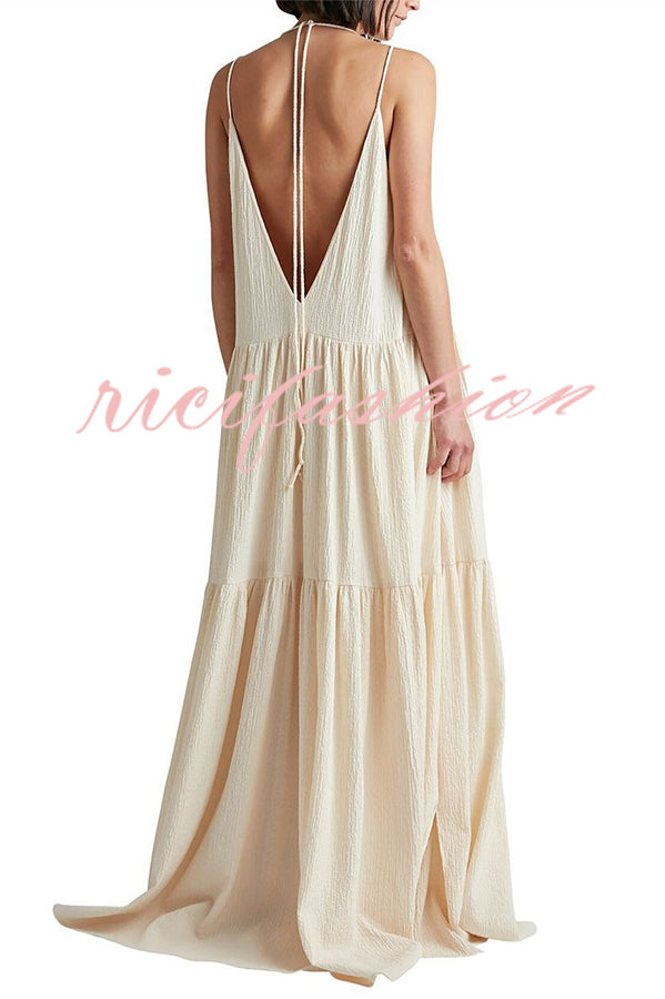 Beach Day Linen Blend Back Tie-up A-line Layered Maxi Dress