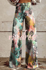 Beautiful Unique Print Button Pocket Wide Leg Pants