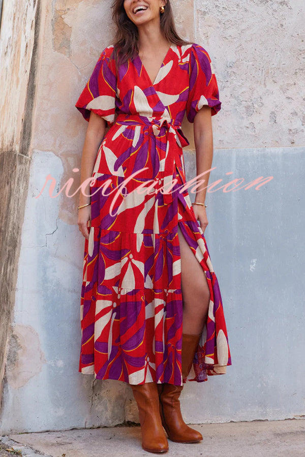 Unique Printed V-neck Puff Sleeves Tie Waist Midi Dress