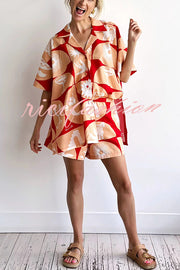 Linen Blend Unique Printed Shirt Top and Elastic Waisted Loose Pocket Shorts Set