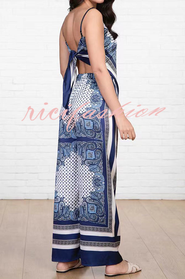 Unique Printed Sling Backless Strappy Top and Elastic Waisted Loose Pants Set