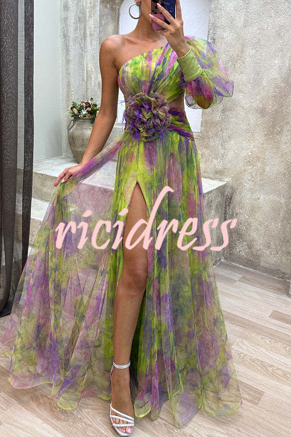 Picturesque Beauty Tulle Floral Pleated One Shoulder Sleeve Slit Maxi Dress