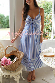 Striped Print Suspenders Gathered Lace-up Loose Midi Dress