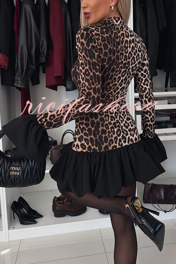 Stevie Leopard Print Patchwork Bell Sleeve Stretch Mini Dress