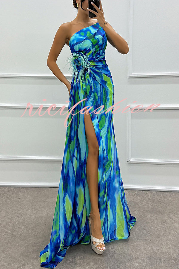 Amazing Views Watercolor Print Feather Rose Detail Off Shoulder Pleated Slit Maxi Dress