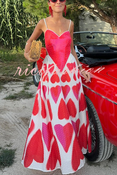 Full of Love Heart Shape Print Cutout Spaghetti Strap Backless Maxi Dress