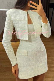 Stylish and Elegant Tweed Pearl-embellished Long-sleeved Jacket