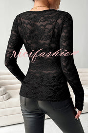 Solid Color Lace V-neck Long-sleeved Slim-fit Top