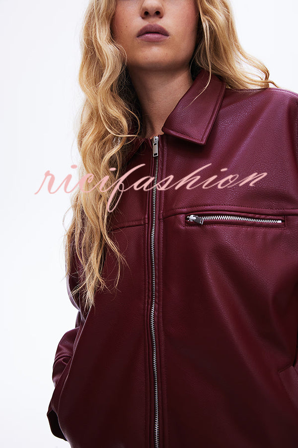 Fashion Lapel Long Sleeve Pocket Zipper Leather Jacket