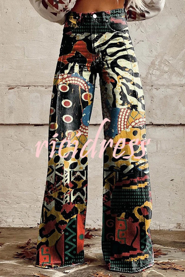 Beautiful Unique Print Button Pocket Wide Leg Pants