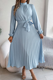 Elegant Stand-collar Long-sleeve Waisted Tie-up Pleated Midi Dress