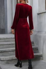 Velvet Long-sleeve V-neck Tie-waist Slit Maxi Dress