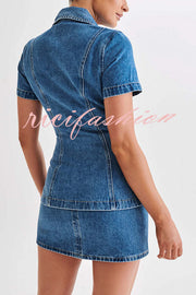 Modern Flavor Denim Short Sleeve Button Up Princess Seams Stretch Top