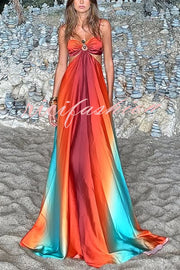 Neon Sunset Printed Metal Decoration Cutout Back Tie-up Vacation Maxi Dress