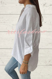 Linen Blend Solid Color Tie Back Loose Shirt Top