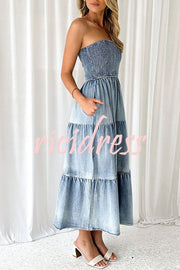 Asmn Off Shoulder Pleated Pocket Paneled Denim Maxi Dress