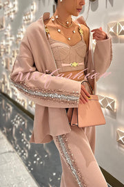 Edan Textured Knit Sequin Patchwork Drawstring Zipper Sweatshirt and Stretch Wide Leg Pants Set